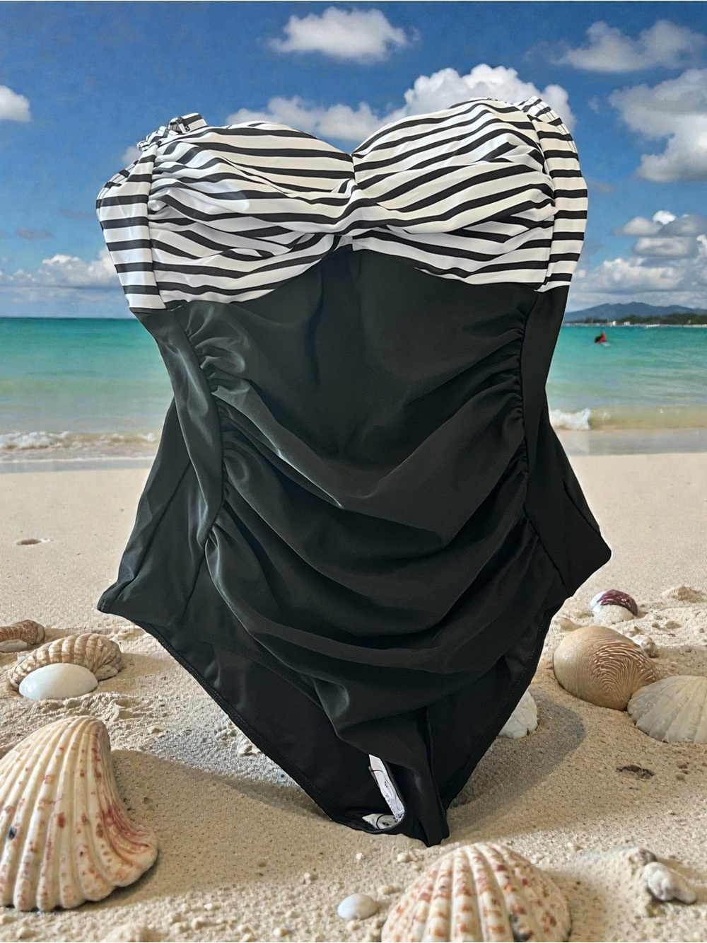 Classic Black One-Piece Swimsuit with Black & White Stripe Bust